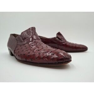 Mauri Mens Ostrich Leather Loafers Size 8.5 9 Burgundy Exotic Skin Vintage Italy